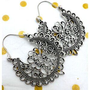 Bohemian Vintage-Inspired Crescent Hoop Earrings Silver-Tone Filigree Design